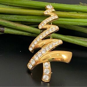 Vintage MONET Signed Gold-tone Clear Rhinestones Zigzag Tree Brooch 18g.